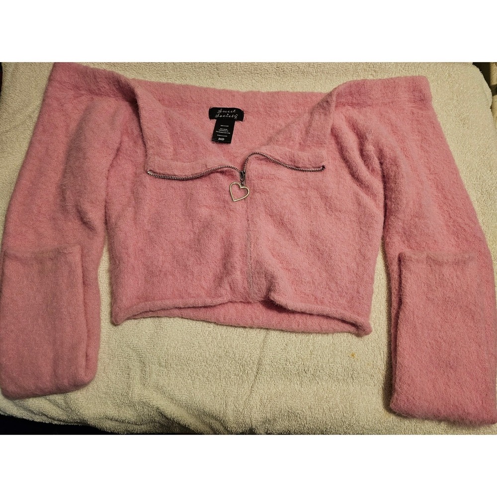 Sweet Society Fuzzy Off Shoulder Crop Top Heart Zip Pink Medium